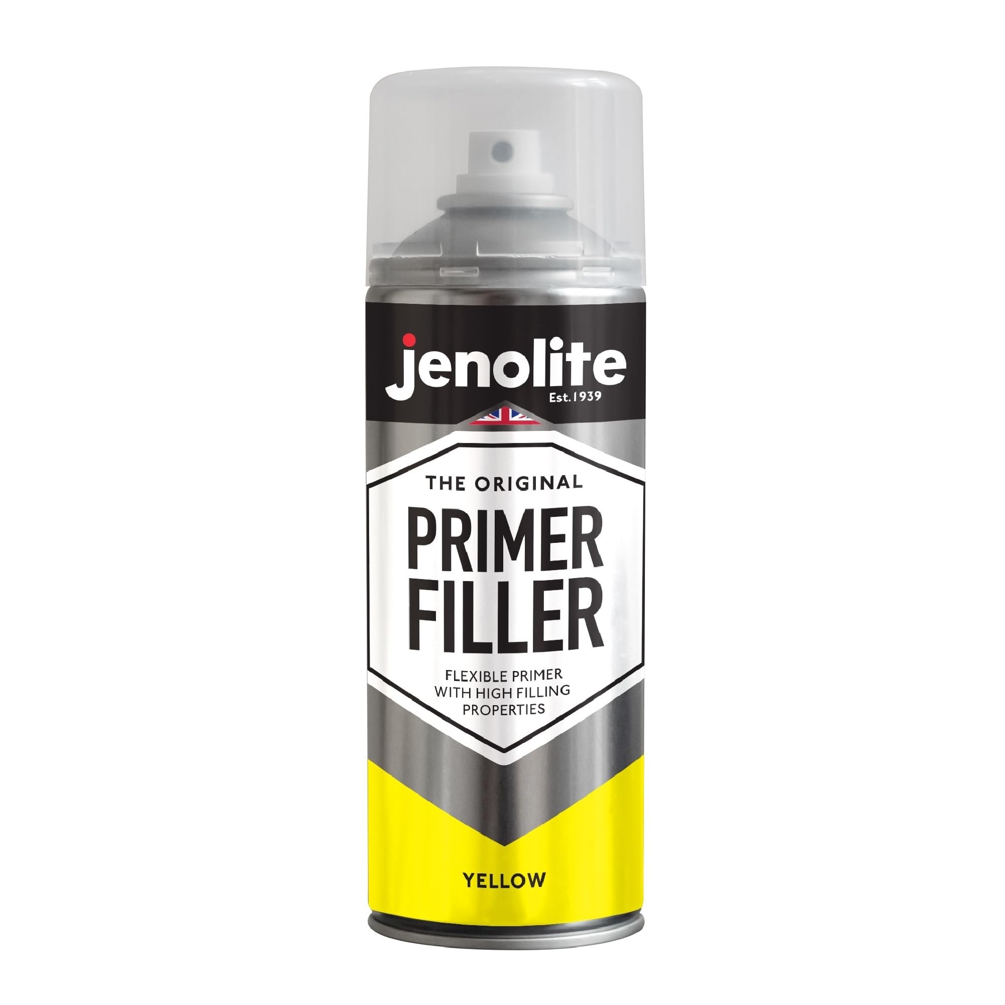 JENOLITE Peinture d'apprêt de remplissage en aérosol | JAUNE | Apprêt flexible avec des propriétés de remplissage élevées | Remplit les petites bosses et rayures pour une finition lisse | 400ml