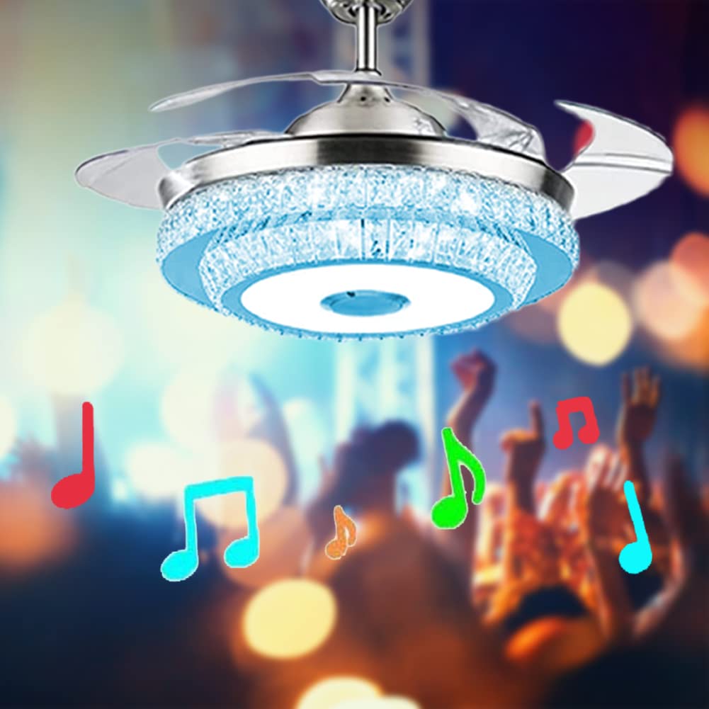 Photo 1 of Angry Pryo FANRYO 42 Inch Crystal Ceiling Fan with Light and Bluetooth Speaker, 7 Color Change Music Player 3 Speed Retractable Chandelier Remote,Fans Lighting Fandelier for Bedroom Living Room