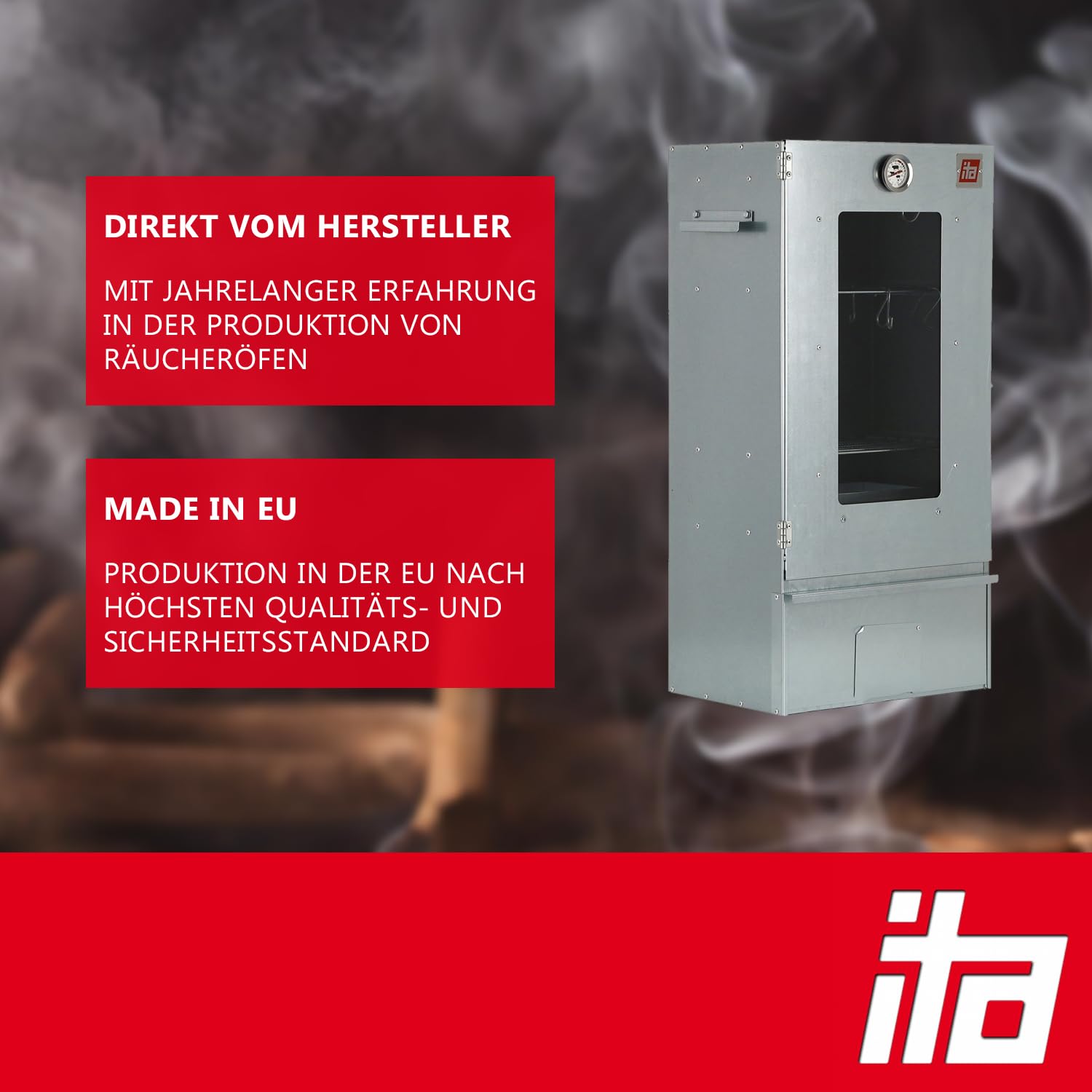 ITA Elektrischer Räucherofen 7002 - Smoker Set mit Heizung, Tisch - Räucherschrank mit Fenster & Thermometer - Edelstahl - EU Qualität, Direkt vom Hersteller - 81 cm mit 3 Etagen