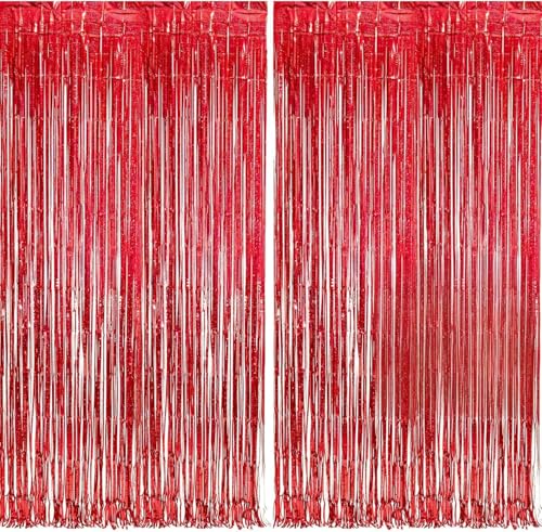 BRAVESHINE Valentines Decorations Red Foil Fringe Curtain Backdrop-2PCS 3.2x8.2ft Sparkle Tinsel Metallic Curtains for Birthday Photo Booth Backdrop Circus Chinese New Year Party Decorations
