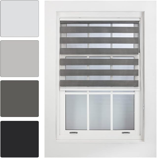 Furnished Day and Night Roller Blinds - Zebra Blind Dim or Translucent Vision Roller Shades for Windows and Doors - Dual Layer Fabric, Dark Grey, 60cm x 210cm