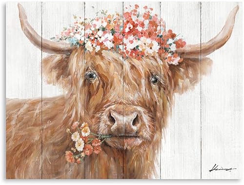 Yidepot Decoración de vaca de las tierras altas para granja imágenes retro de terneros escoceses con flores con cita inspiradora, lienzo para pared