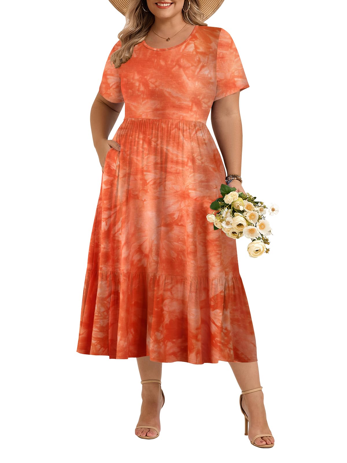 LARACE Plus Size Dresses for Women Summer Casual Short Sleeve Long Dress Flowy Maxi Beach Dresses with Pockets L-6XL