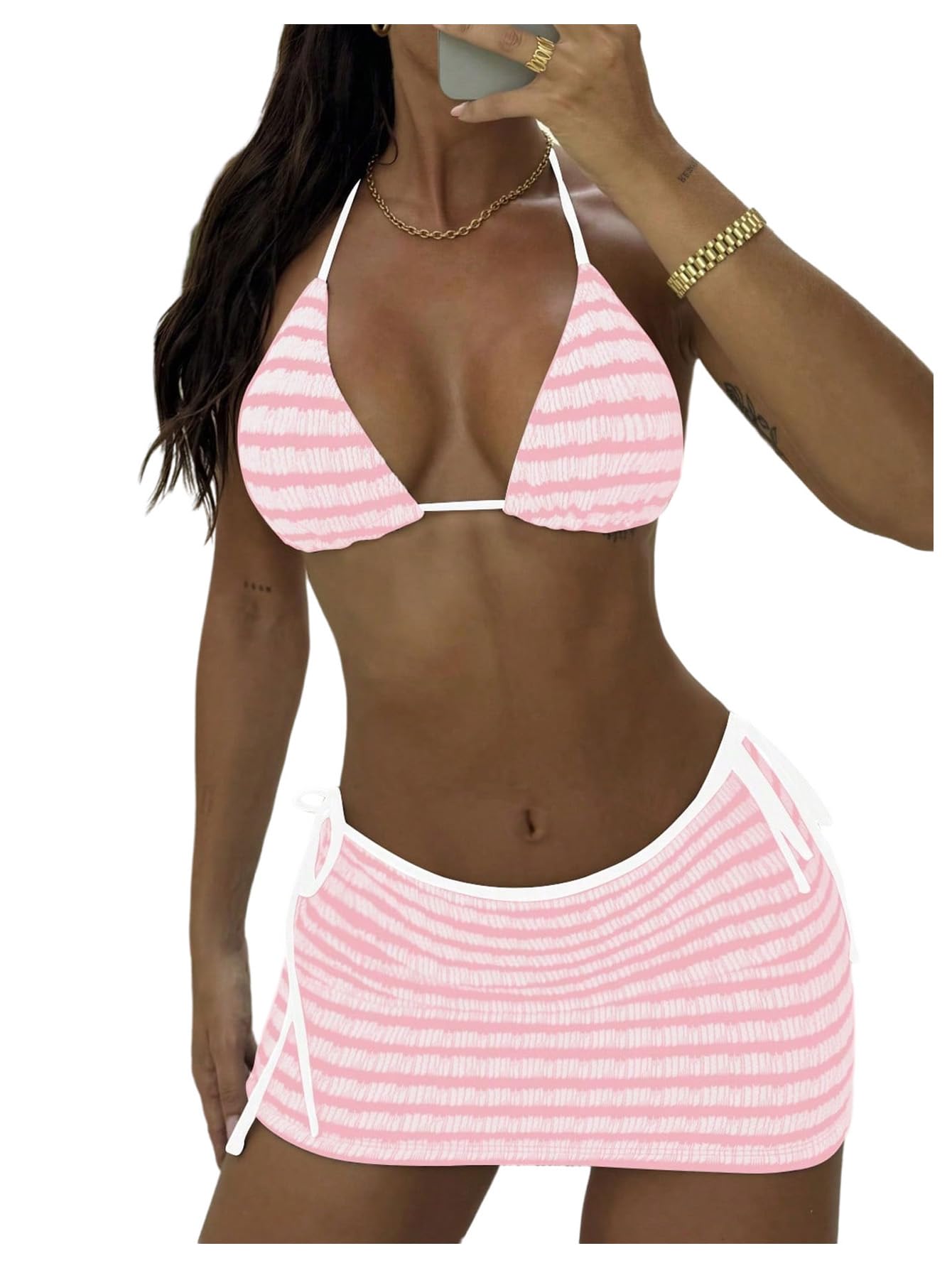 Damski 3-częściowy zestaw bikini w paski wiązany na szyi strój kąpielowy ze spódnicą okrycie czarny i biały rozmiar S