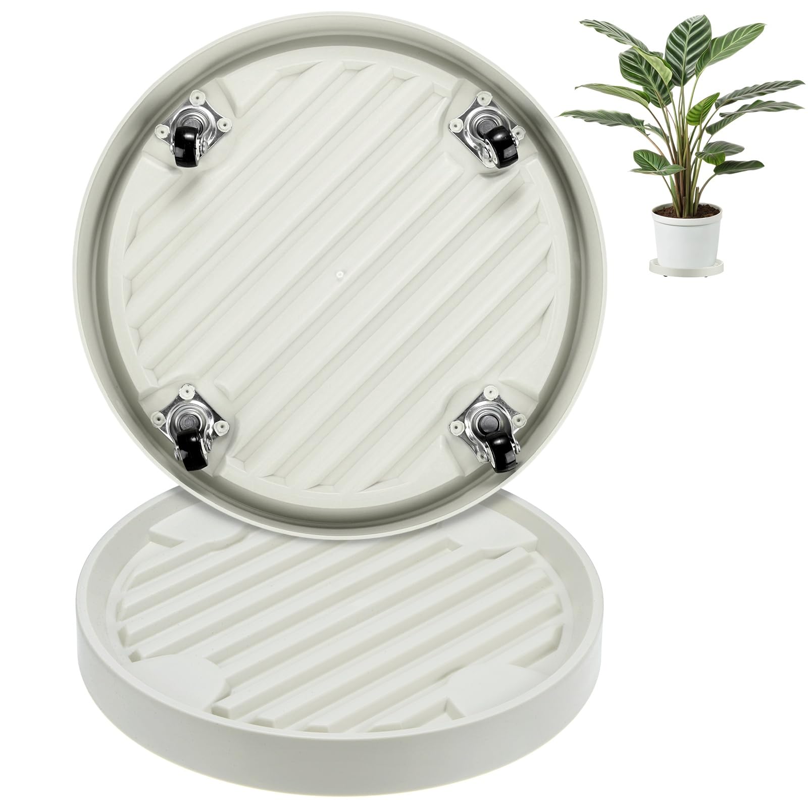 M METERXITY 2-Pack Plant Stand with Invisible Wheels, 12.2 Inch/31 cm OD Plastic Heavy Duty Rolling Plant Stand for Indoor and Outdoor [11.14 Inch/28.3cm ID, Beige]