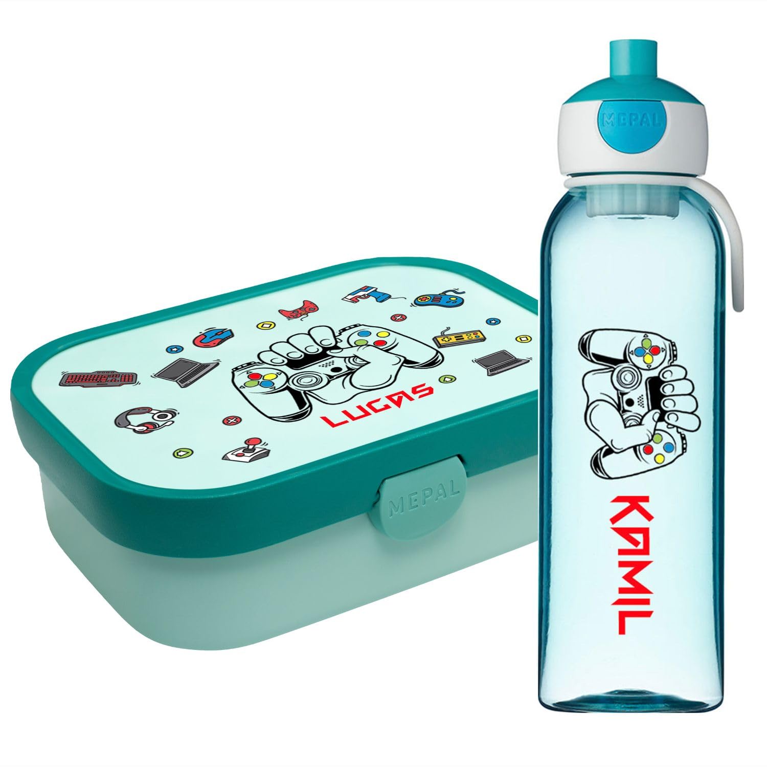 Ferocity Lunchbox Set für Kinder Jungen zur Schule Personalisiert mit Namen Brotdose Wasserflasche Trinkflasche BPA frei Essen für Unterwegs mit Gabel und Bento Fach To Go Gamer [153]
