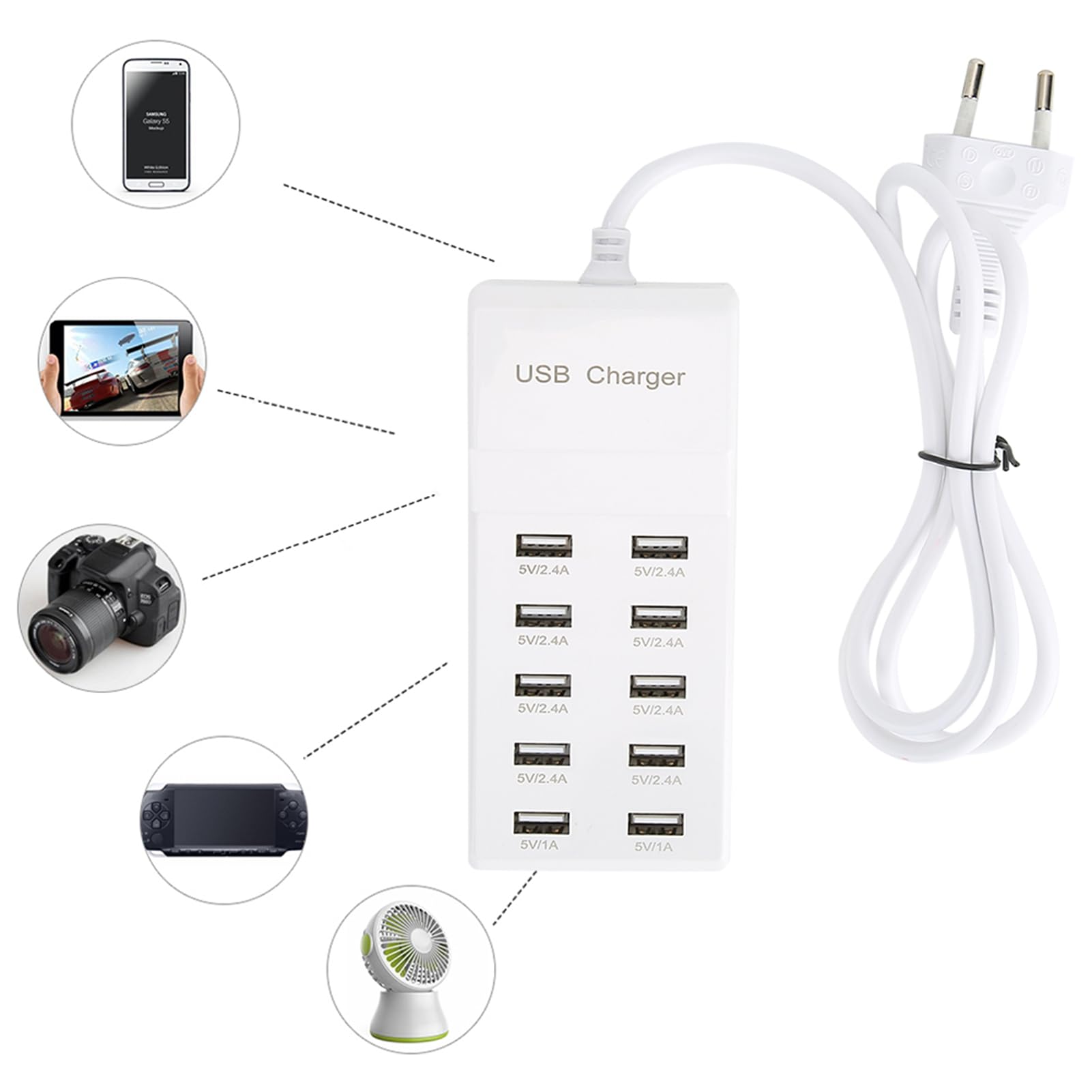 VBESTLIFE Chargeur USB, Adaptateur de Rapide, Chargeur d'USB de 10 Ports(5V ~ 2,4A x 2, 2,1A x 4, 1A x 4) Chargeur Compatible avec Les Appareils Alimentés par USB 5V(EU)