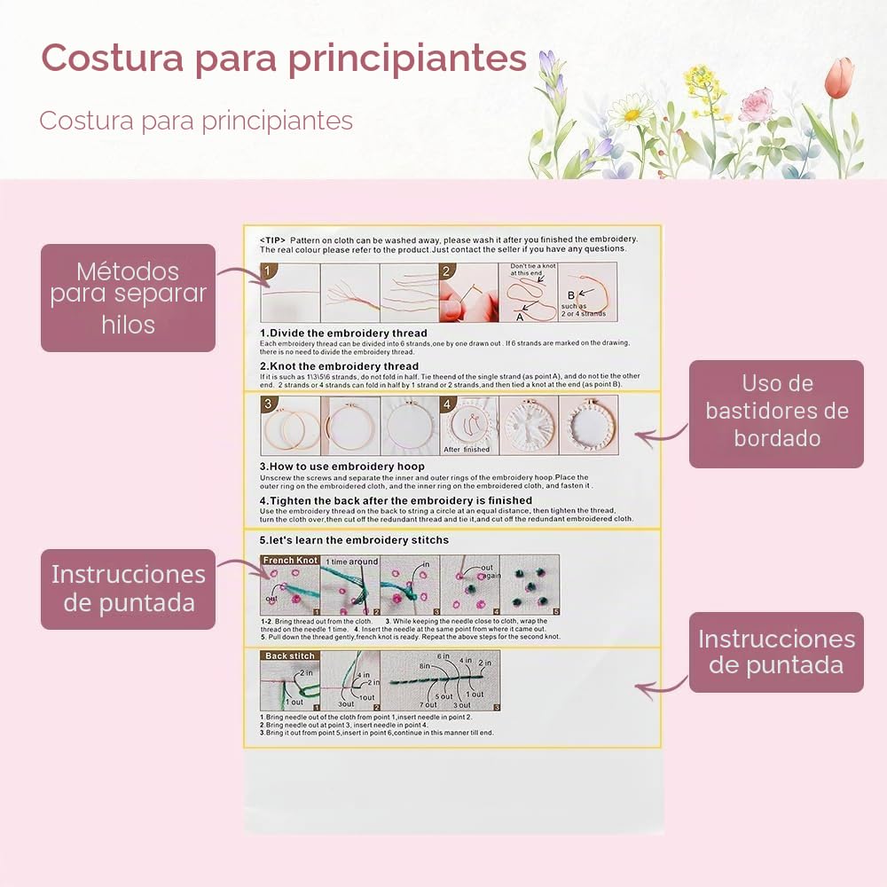 Kit de bordado para adultos, 4 juegos de iniciación de bordado con patrones de flores florales, kit de bordado a mano con aro de bordado e instrucciones (idioma español no garantizado), kits de punto