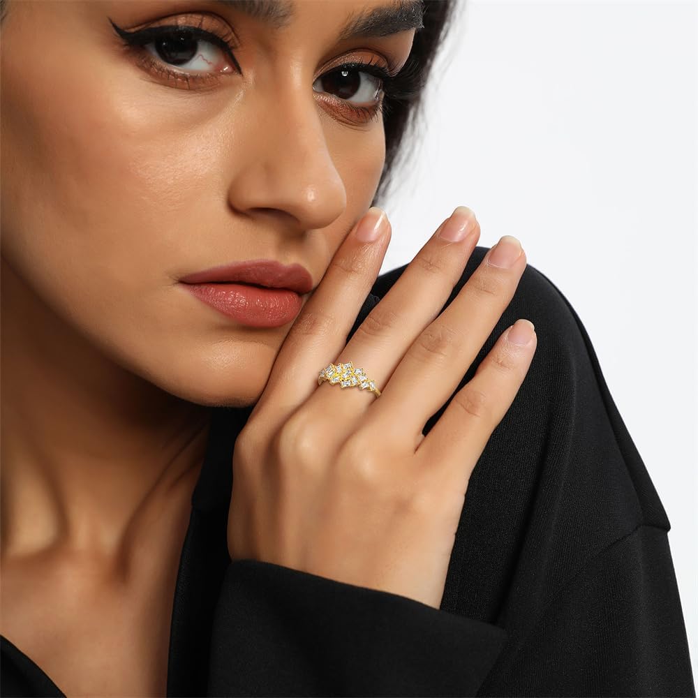 MDFUN 18K Yellow Gold Plated Engagement Promise Wedding Eternity Ring Band for Women, Emerald Cut Cubic Zirconia Rings Size 5-10 - Image 2