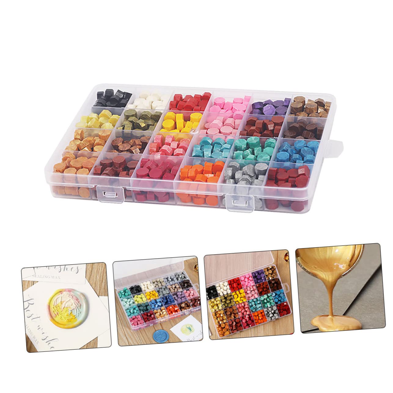 PLAFOPE Sellos de Cera Transparente Caja de Sellos Retro con Cuchara de Lacre Cuentas de Colores para Sobres con Compartimentos