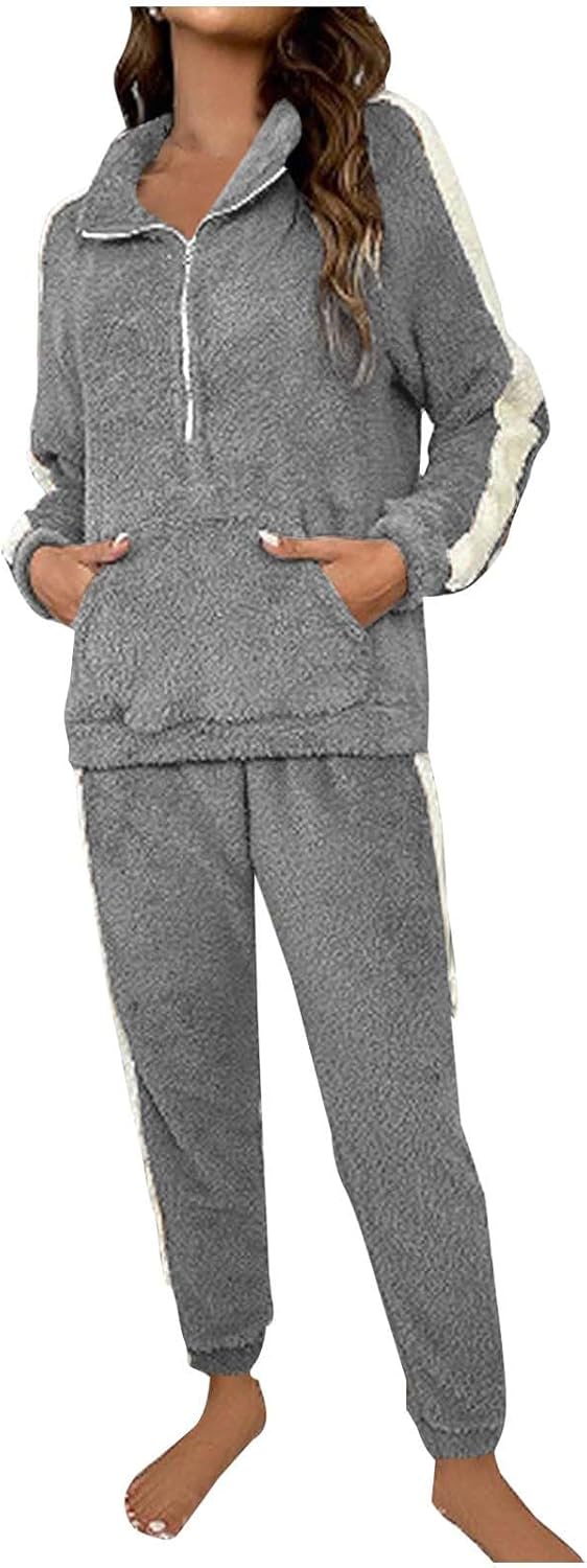 Women's 2 Piece Pajamas Set Cozy Sleepwear Half Zip Pullover Lapel Tops with Pockets and Pants Winter Loungewear