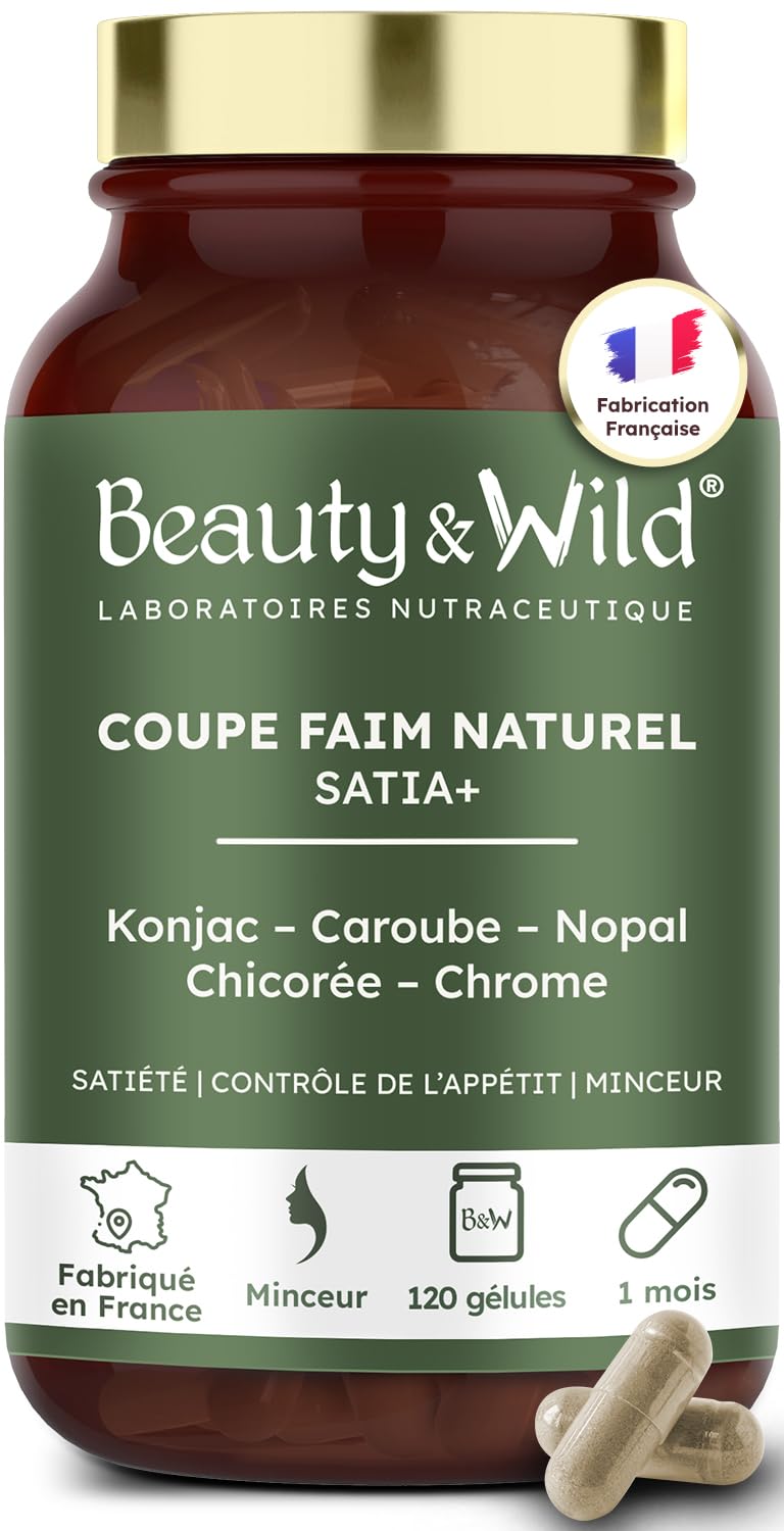 Beauty&Wild Coupe Faim Naturel SATIA+ – Konjac, Nopal, Caroube, Chrome, Contrôle de l’Appétit et Satiété, 120 Gélules, Fabriqué en France