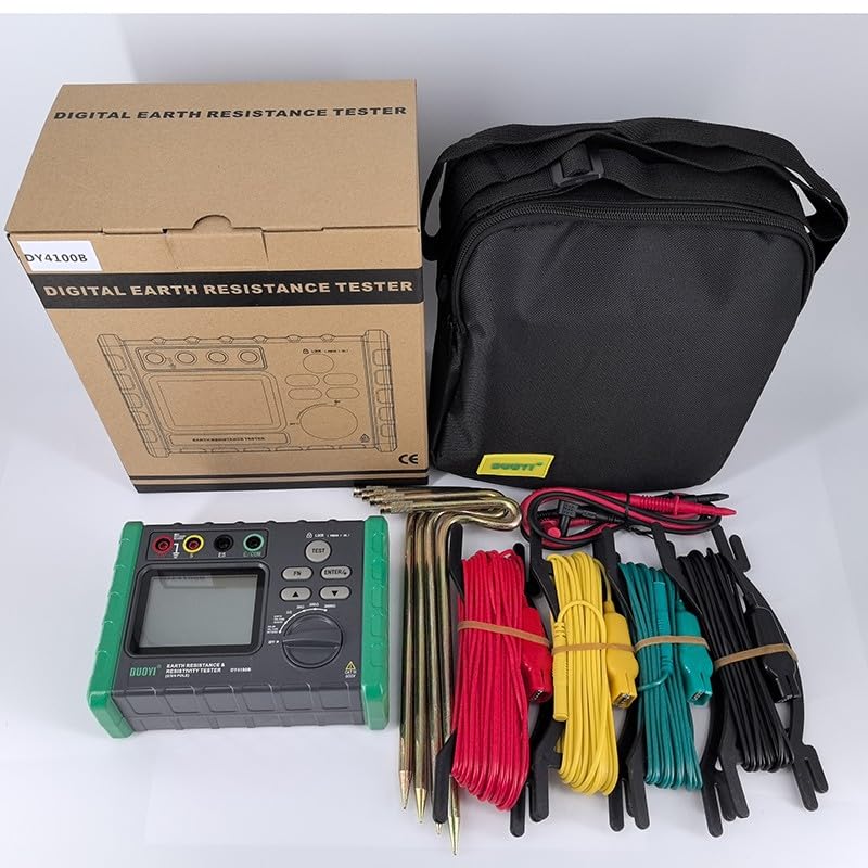 DUOYI DY4100B Earth Resistance Tester complete kit including meter, test leads, earth rods, and carrying bag.
