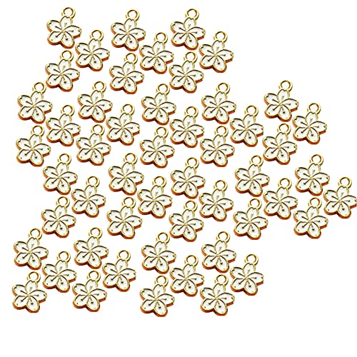 50 Pieces Assorted 5 Colors Sakura Flower Jewelry Charms Floral Enamel Pendants Rhinestone Flatback Beads for Jewerly Making Wine Charms Tags Key Chain Charms Bookmark Charms Home Decorations (White)