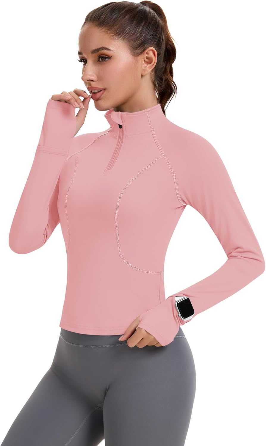 Avoogue Womens Long Sleeve Workout Tops Quick Dry Quarter Zip Pullover Crop Slim Fit Althletic Golf Shirts with Thumb Holes - Image 2