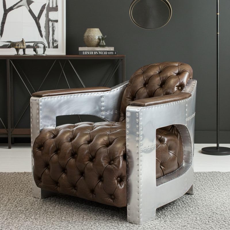 Phoenixarts Sessel Chesterfield Ledersessel Vintage Design Ohrensessel Leder Lounge ClubSessel (Braun 456)