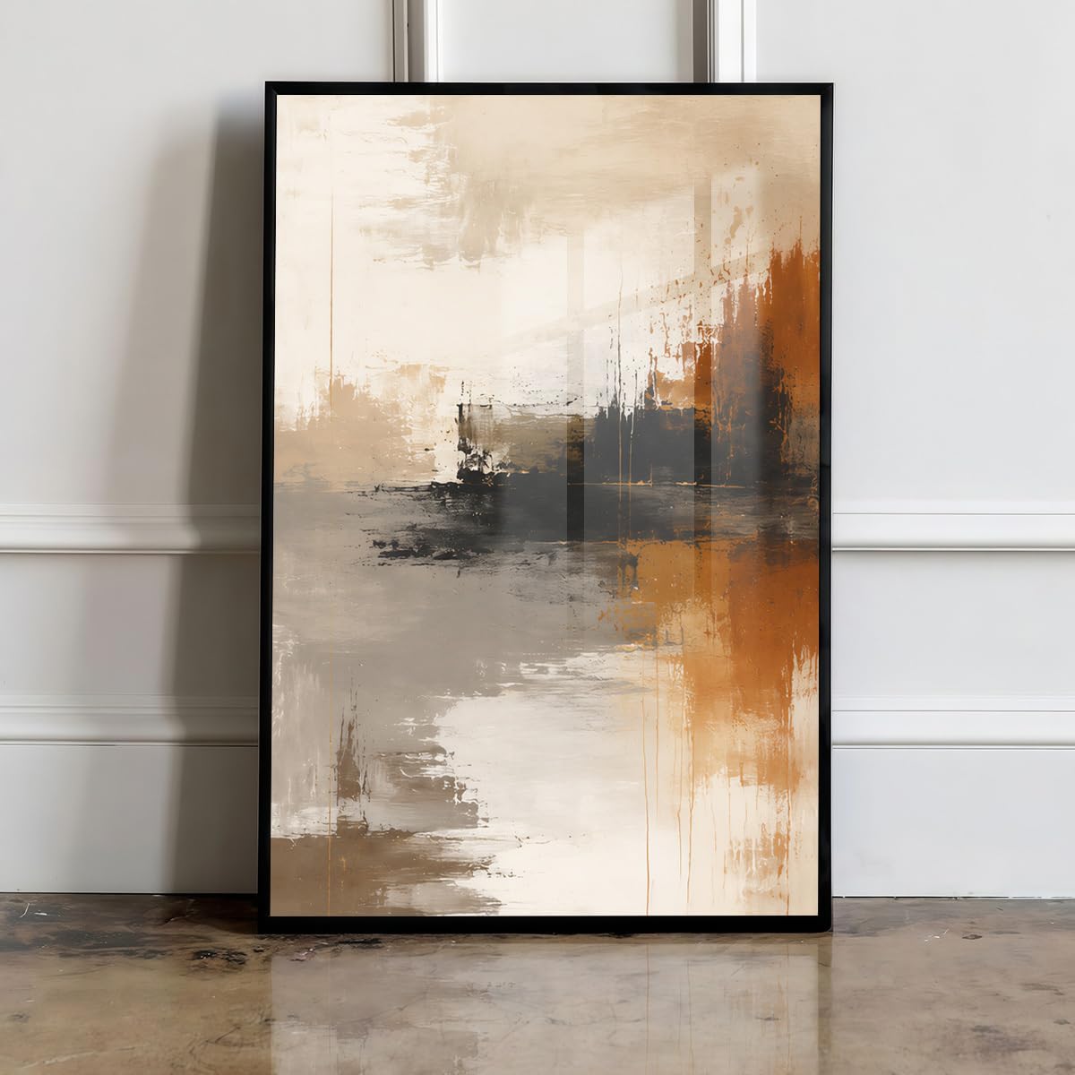 Jianghu Art Tableau abstrait moderne encadré beige et noir, cadre vertical adapté au salon (70 x 110 cm (28 x 43 pouces)