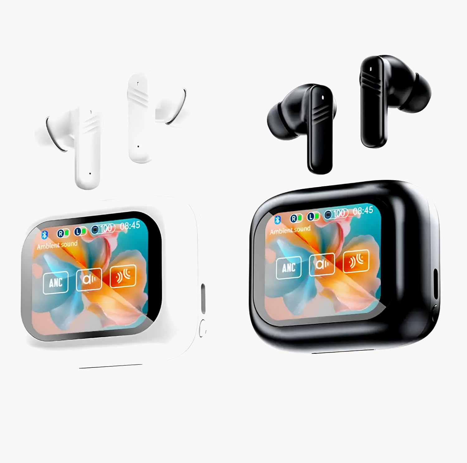 White and black wireless earbuds with their respective charging cases, both featuring color touch screens.