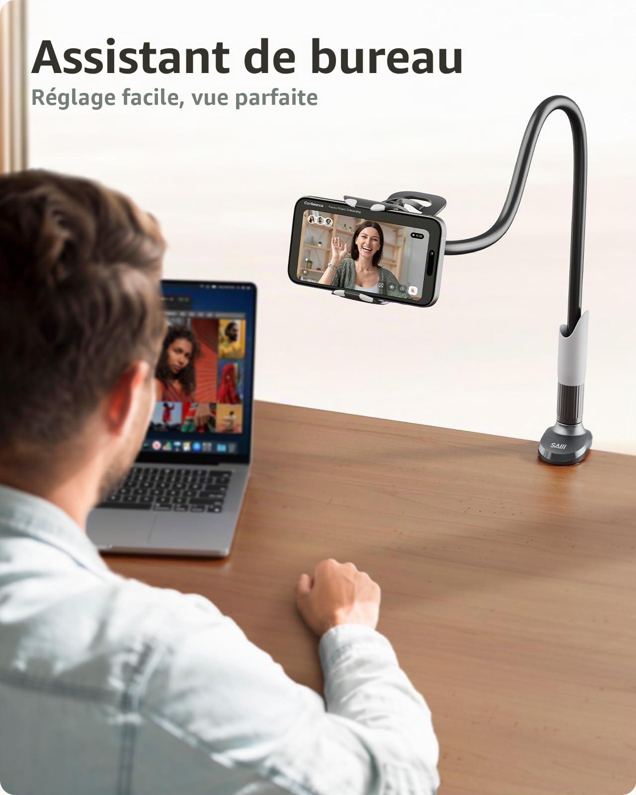 SAIJI Support de téléphone portable pour lit, col de cygne - Bras long rotatif à 360° - Pour iPhone 17, 16, 15, 14, 13, 12 Pro, écran de 4" à 7" - Noir