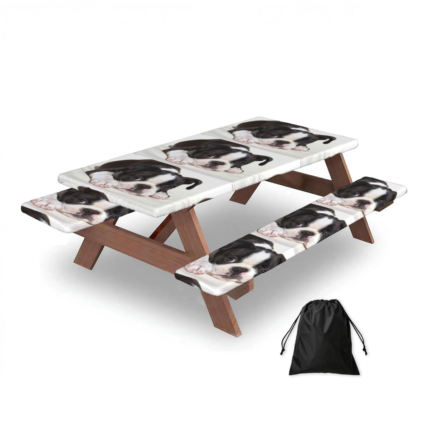 Dopklna As Picture Boston Terrier Dog, Picnic Table Cover With Bench Covers -Waterproof Elastic Fitted Tablecloth For Garden Camping Patio 76X152cm