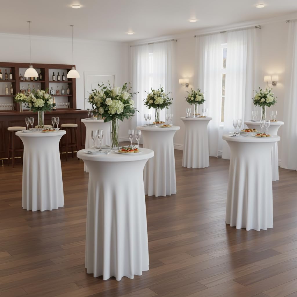 30 inches 32" Highboy Cocktail Round Stretch Spandex Table Cover Table Skirt High Top Tablecloth (30" - 32" Dia x 43", White Skirt)