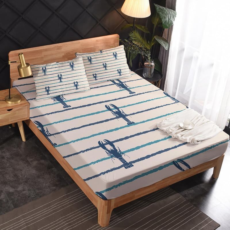 Juego de sábanas tamaño Queen con bolsillo profundo con sábanas y fundas de almohada con patrón de rayas de langosta, hecho de material 100%