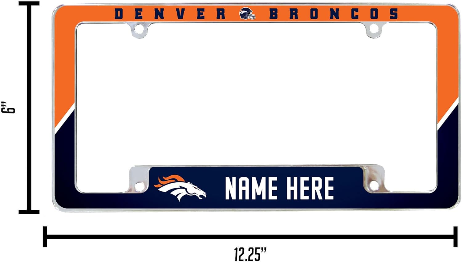 Rico Industries NFL Football Denver Broncos Personalized/Custom 12" x 6" Chrome All Over Automotive License Plate Frame for Car/Truck/SUV