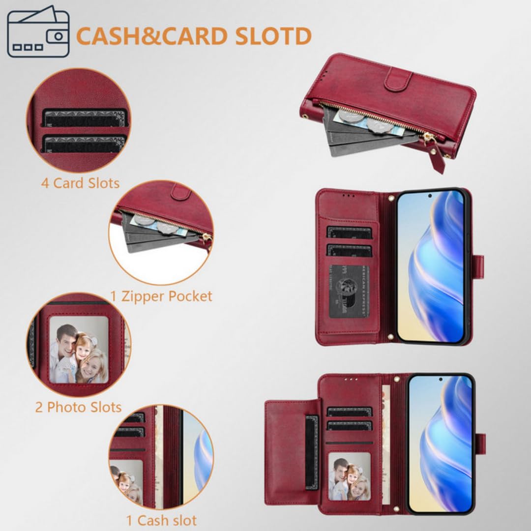 Étui Portefeuille en Cuir avec Fermeture éclair pour Galaxy S23 FE (Marron, Sangle Courte)