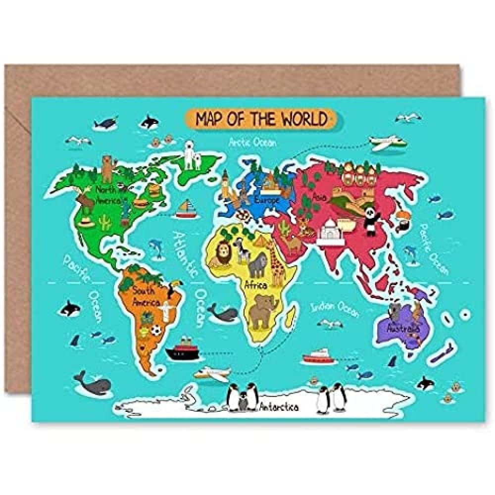 Fine Art Prints World Map With Landmarks And Animals Greeting Card With Envelope Inside Premium Quality,12.5 x 17.5 cm