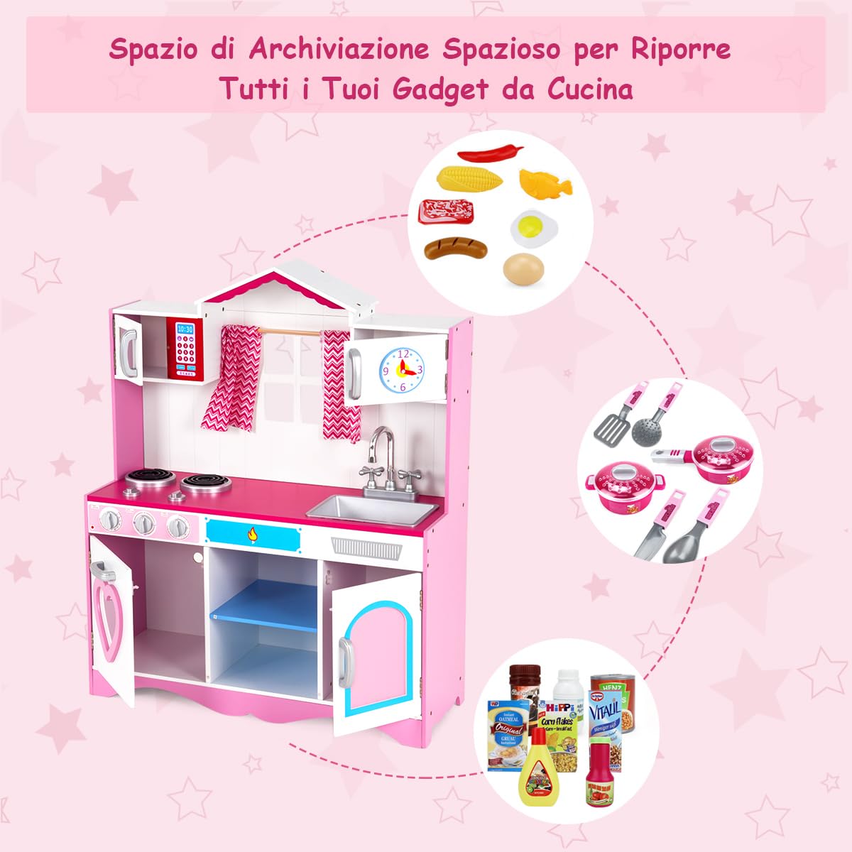COSTWAY Cucina Giocattolo per Bambini in Legno, Cucina per Bambini con Forno, Microonde, Stufa a Gas, Lavello e Rubinetto, per 3 Anni+