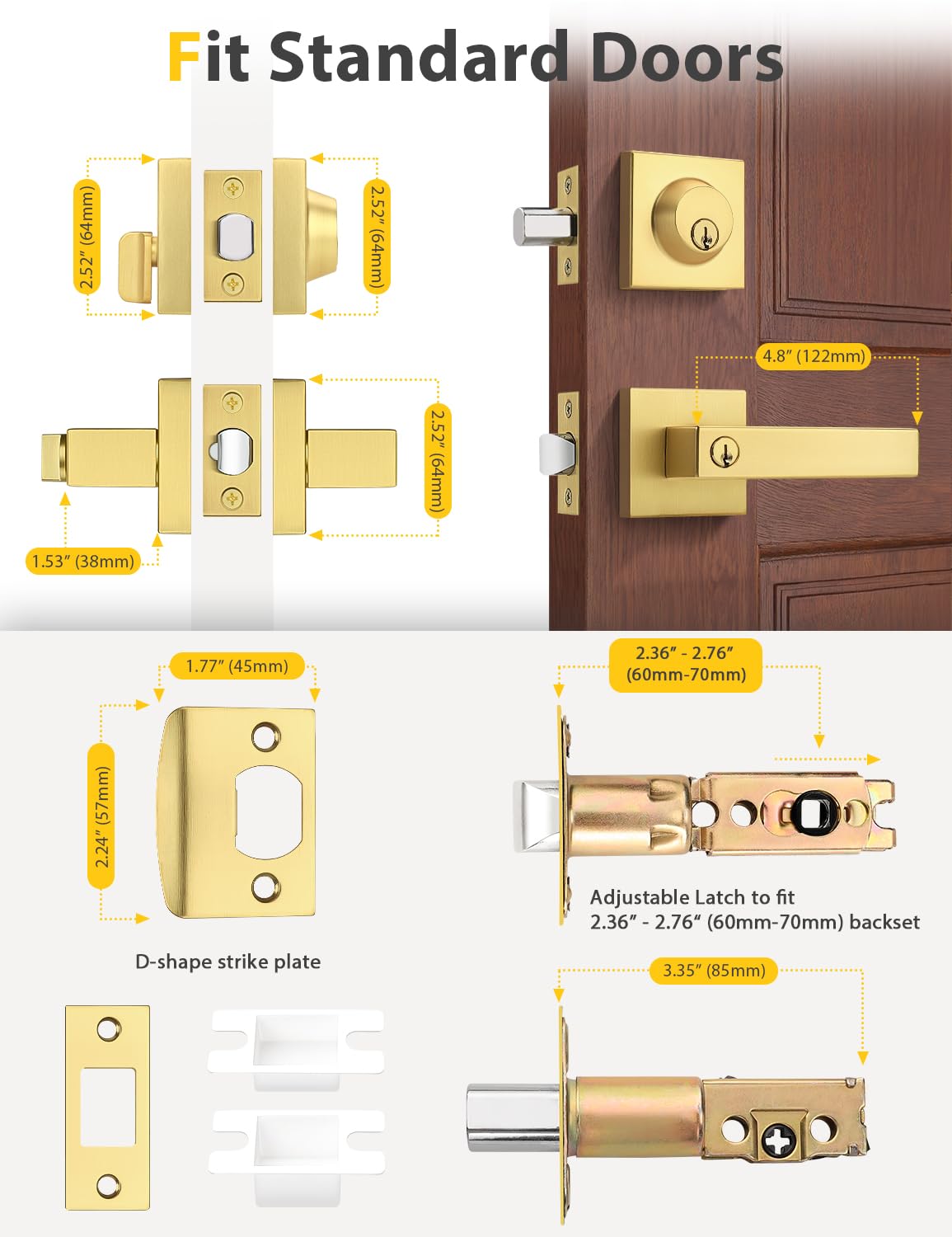 Tinewa Confezione da 6 maniglie per porte anteriori/esterne con serratura a cilindro singolo, in ottone satinato, set combinato, per porte d'ingresso/porte anteriori e da ufficio
