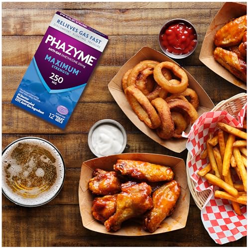 Image of Phazyme Gas Relief, Maximum* Strength Gas and Bloating Relief for Adults, 250 mg Simethicone, 12 Count, Fast Gels to Quickly Ease Bloating, Pressure & Discomfort