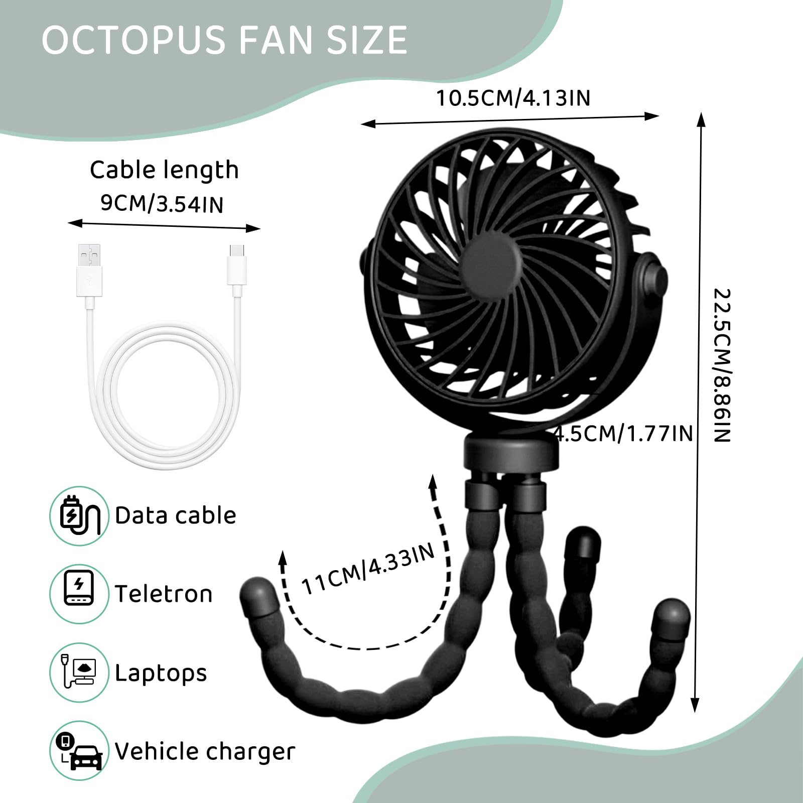 Ventilador Portátil para Cochecito,Ventilador USB de Trípode Silencioso Multifunción 3 Velocidade Rechargeable 360° Rotate Flexible Tripod Para Silla de Paseo,Escritorio,Cuna (Negro)