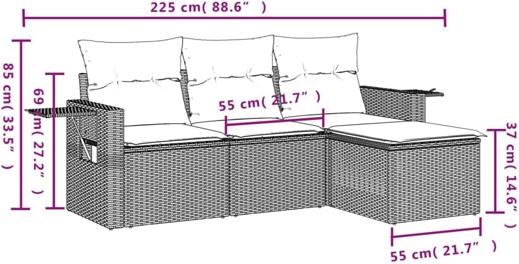 vidaXL Outdoor Patio Sofa Set - 4 Piece Black PE Rattan, Cushioned Lounge Furniture for Garden/Deck/Terrace with Modular Design and Foldable Side Tables, UV-