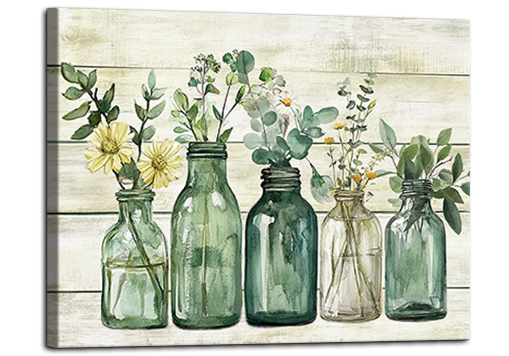 Yaoliyu Rustic Bathroom Decor Eucalyptus Flower Canvas Wall Art Green Botanical Prints Plant Floral Glass Vase Painting Bathroom Picture Wall Decor