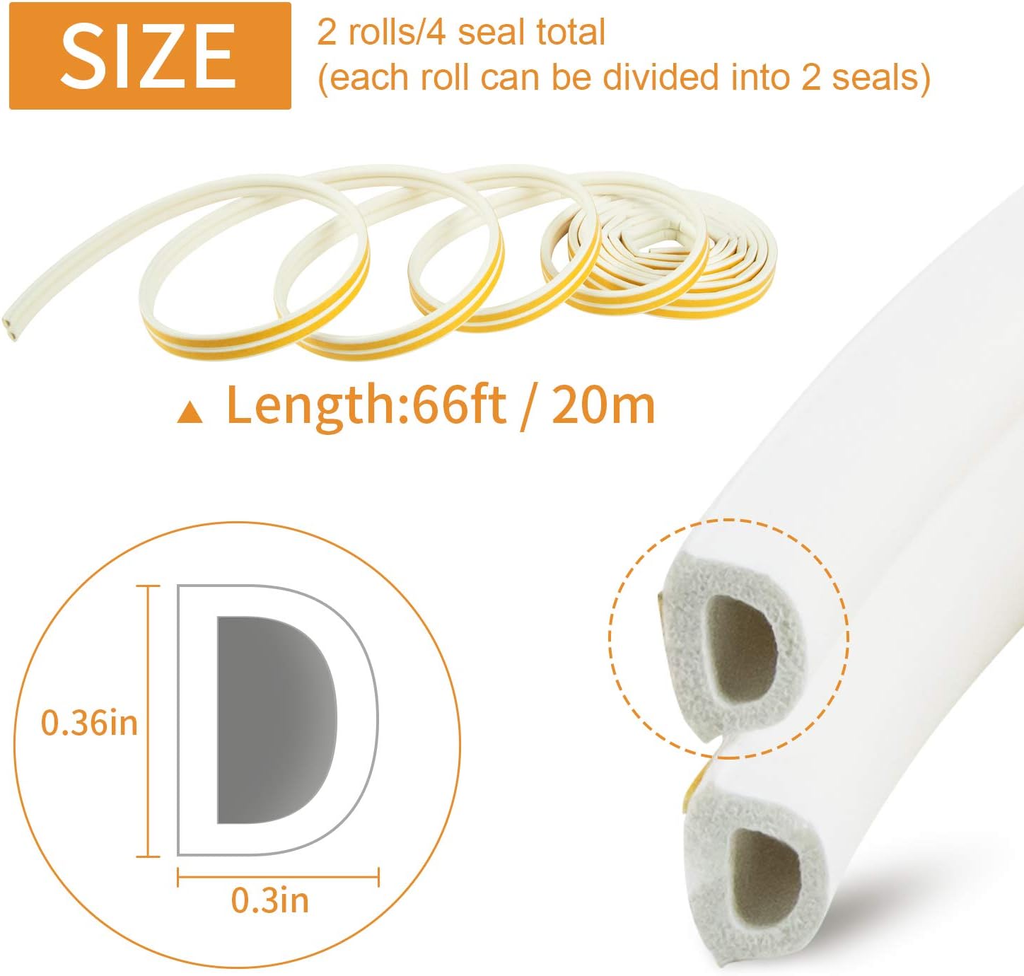Door Weather Stripping, Window Seal Strip for Doors and Windows - Self-Adhesive Foam Weather Strip | Soundproof Seal Strip Insulation Epdm D Type 66ft(20m) 2 Pack (White)