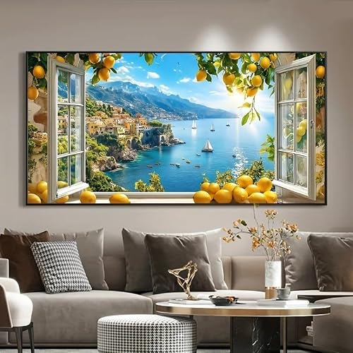 GOSRD Canvas Wall Art Print Modern Abstract Lemon Tree By The Sea for Living Room Decor, Home Artwork(55X110cm/Frameless)