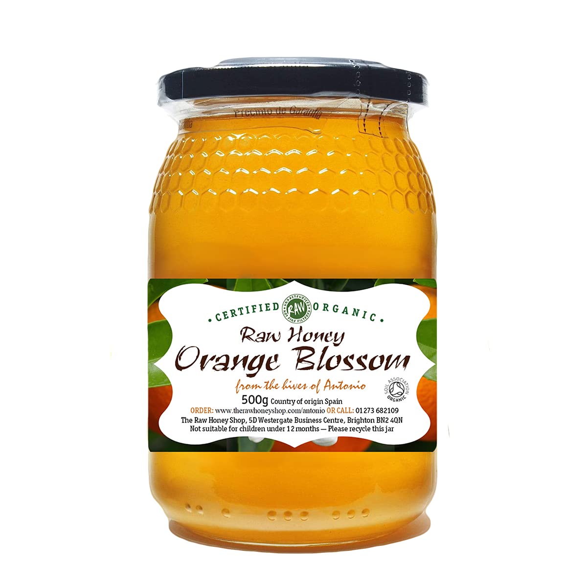 Antonio's Certified ORGANIC RAW ORANGE BLOSSOM HONEY, 500g - Light, Floral with Hints of Orange & Vanilla - Premium Quality - Pure, Cold Pressed & Unpasteurised - The Raw Honey ShopSoil AssociationSoil AssociationSoil Association