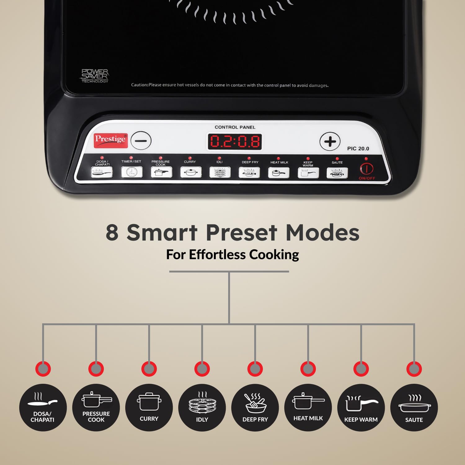 Prestige PIC 20 1600 Watts Induction Cooktop | 4KV Surge Protection | 8 Preset Indian Menu Options & Timer | Soft Touch Button | Easy to Clean | Portable | Black | 1Y Warranty | BIS