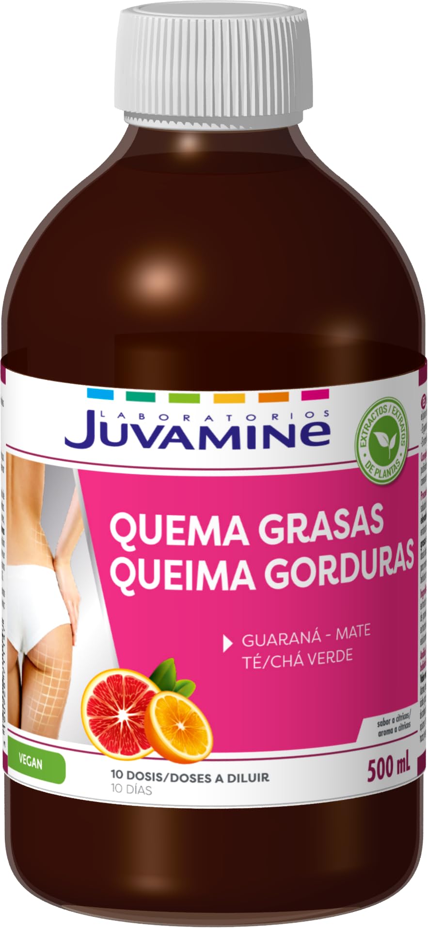 JUVAMINE - Botella Quema Grasas - Ayuda al Control de Peso - Guaraná - Maté - Té Verde - Sabor a Cítricos - Programa Intensivo de 10 Días con Plantas - 500mL