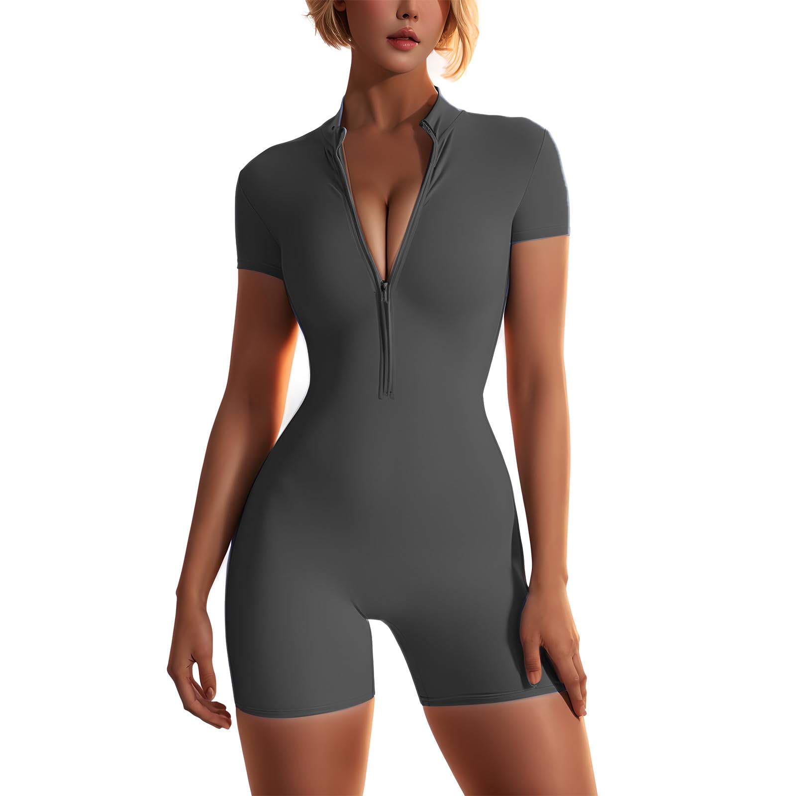 WINHUNT Damen-Yoga-Jumpsuits, Workout, gerippt, kurze Ärmel, Reißverschluss vorne, Sport-Jumpsuits