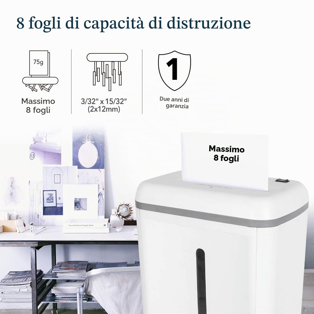 WOLVERINE SD9101 Distruggidocumenti 8 fogli P5 microtaglio alta sicurezza per carta e carte, ultrasilenzioso, contenitore estraibile 17 L (bianco)