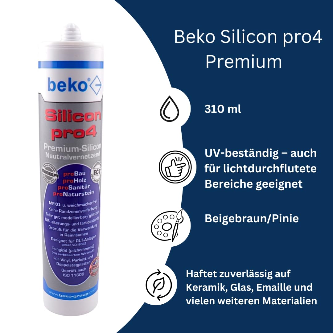 Beko Silicon pro4 Premium 310 ml + Big Wipes – Profi-Silikon für Bad, Küche & Bau – Schimmelresistent, haftstark, UV-beständig (Beigebraun/Pinie, 5)