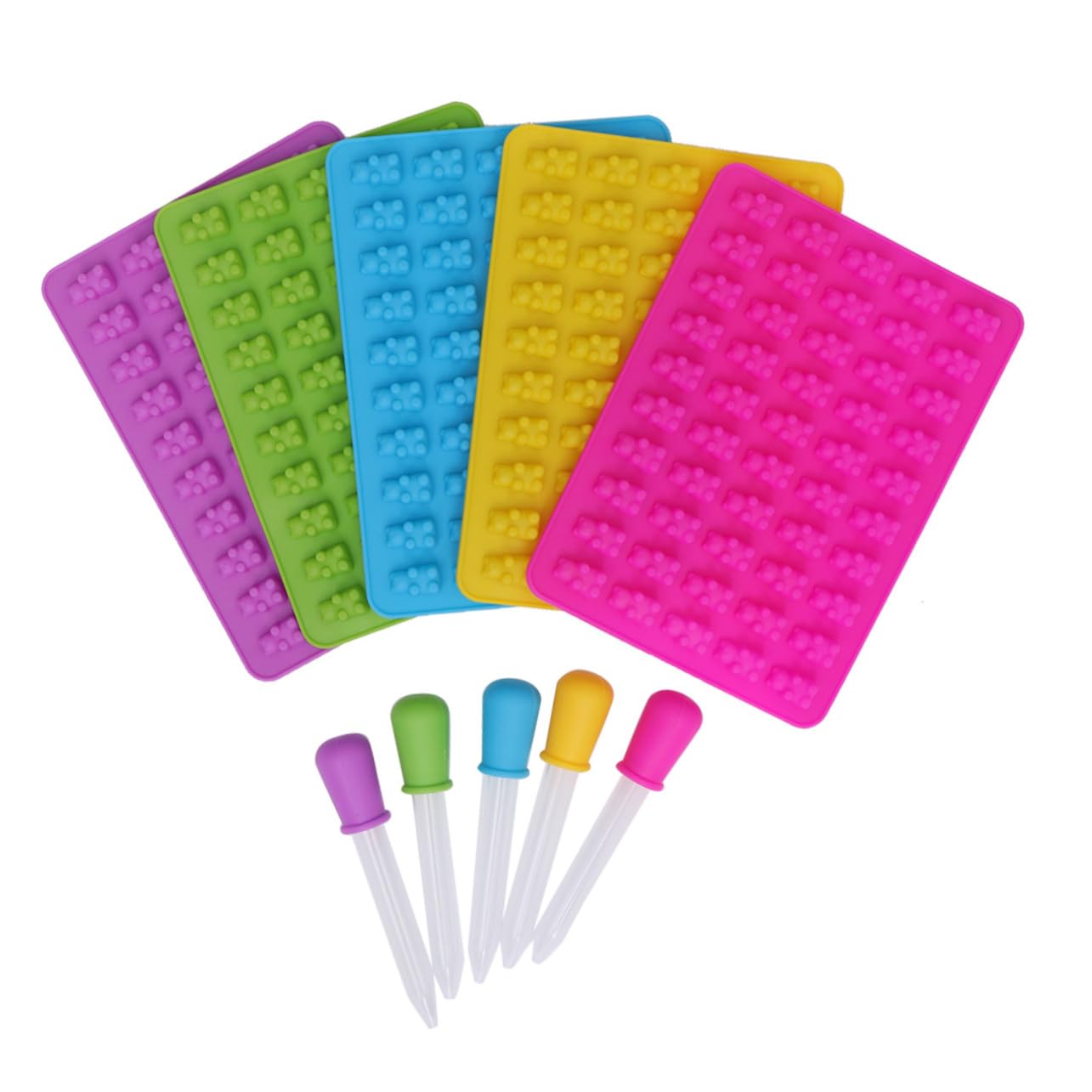 VALICLUD 5 set Stampi in Silicone Orsetti Mini Cavità con Contagocce per Caramelle Gommose Cioccolatini e Dolcetti Facile da Usare e Pulire Azzurro Verde Rosa e Giallo