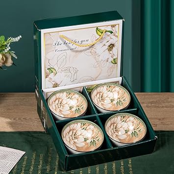 Porcelain Set of 4 Bowls in Camellia Flower Print for Cereal, Soup - Perfect for Gifting, Dishwasher and Microwave Safe