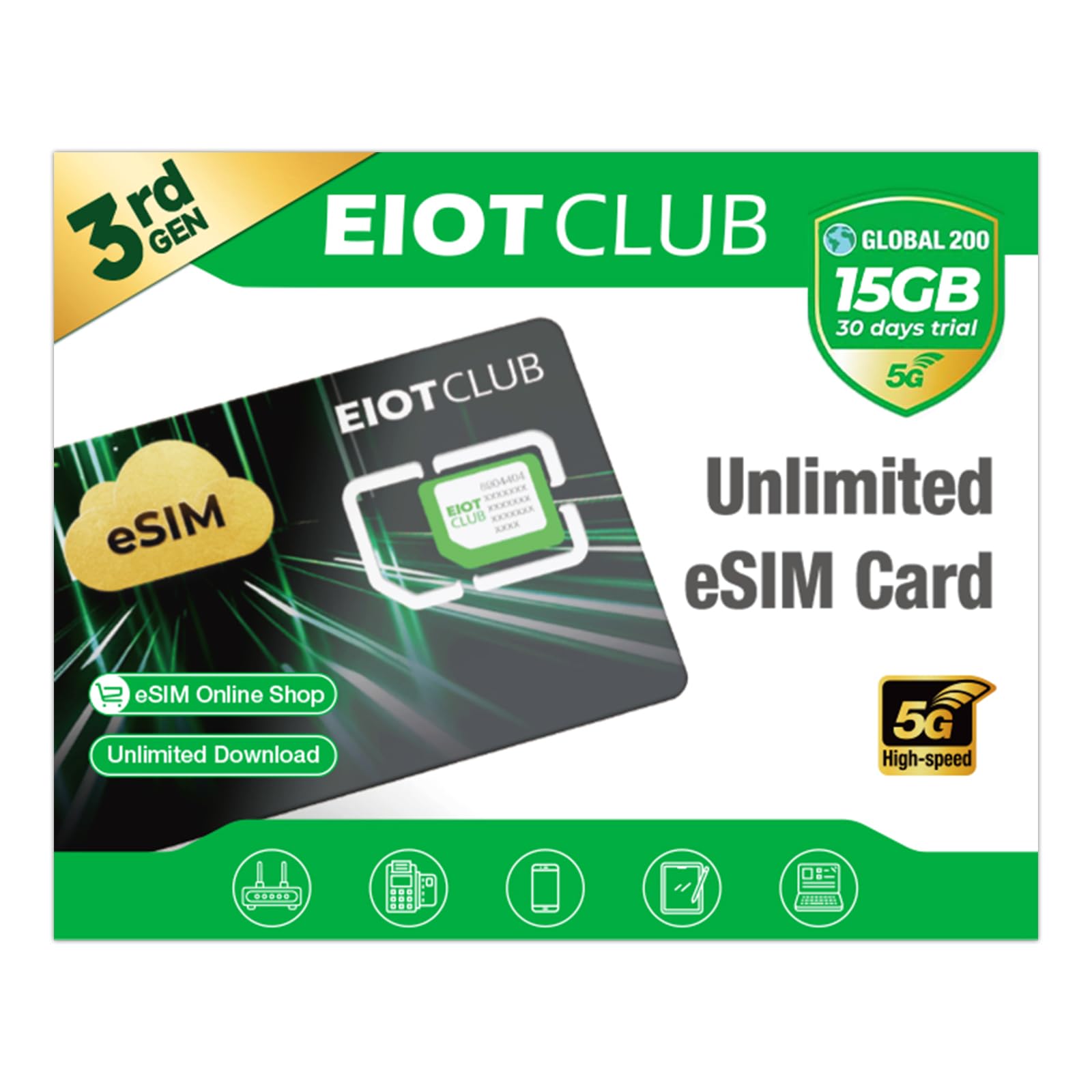 EIOTCLUB V3 Adaptateur eSIM pour iPhone/Android, sans Lecteur, 15Go Données