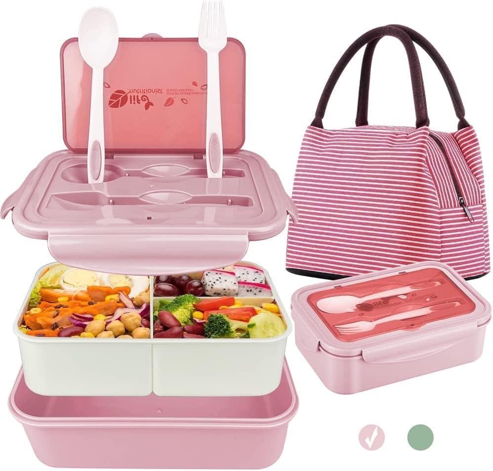 AMERTEER Bento Box For Kids - Bento Lunch Box For Kids with Tableware & Bag - Leakproof Bento Box Adult, 1400ML 3 Compartment Divided Lunch box Containers with Lids For On the Go Meal, Microwave Safe