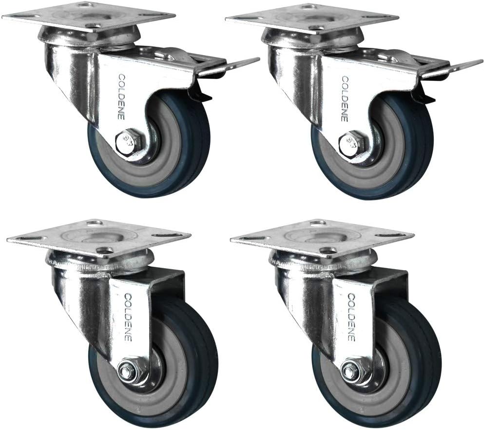 Coldene Castors Ltd 4 Swivel Heavy Duty GREY RUBBER 75mm (2 inch) Castor/Caster Wheels (2 x standard, 2 x brake), Load capacity 60kg per wheel