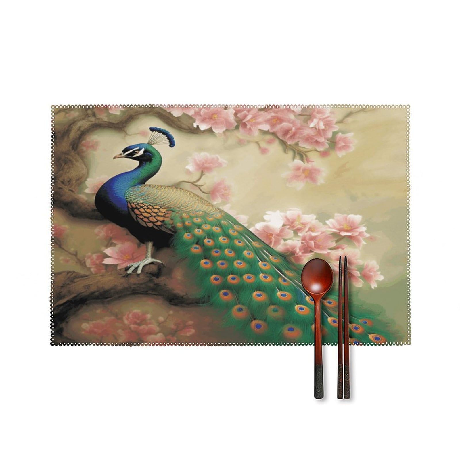 Oriental Peacock on Flower Tree Placemats Set of 4 Heat Resistant Non-Slip Place Mats Reusable Dining Table Mats Canvas Place Mat Anti-Fading Waterproof Placemats for Dining Table Decor