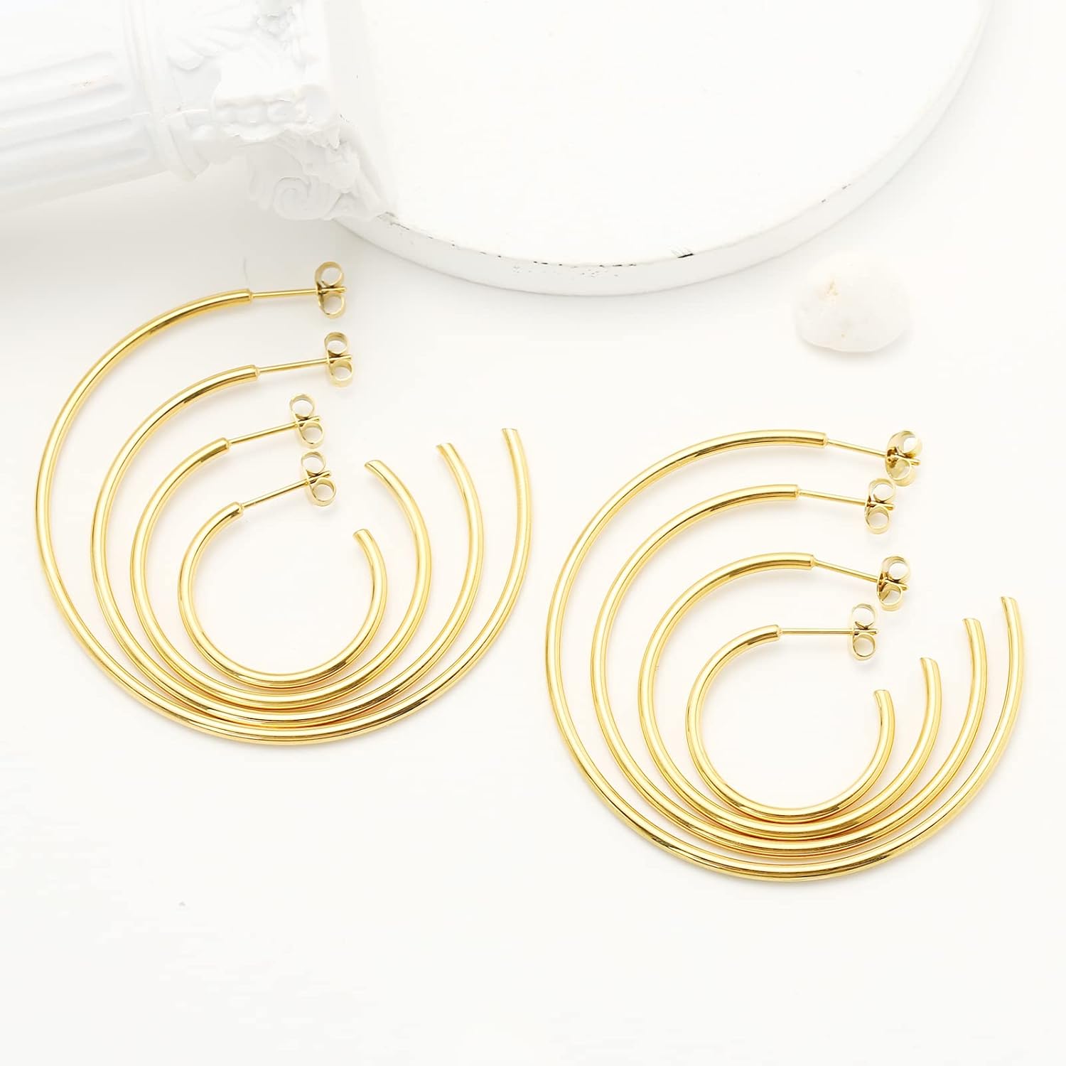 TGNEL Titanium Earrings Hoops | Polished Thin Open C Hoop Earrings Titanium for Women Men Sensitive Ear 9mm-50mm